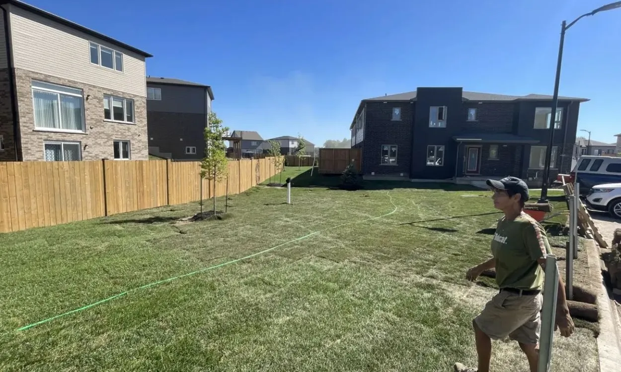A lawn care specialist walking across a spacious green lawn in a Hamilton residential neighborhood, with a watering hose laid out for grub control treatment.
