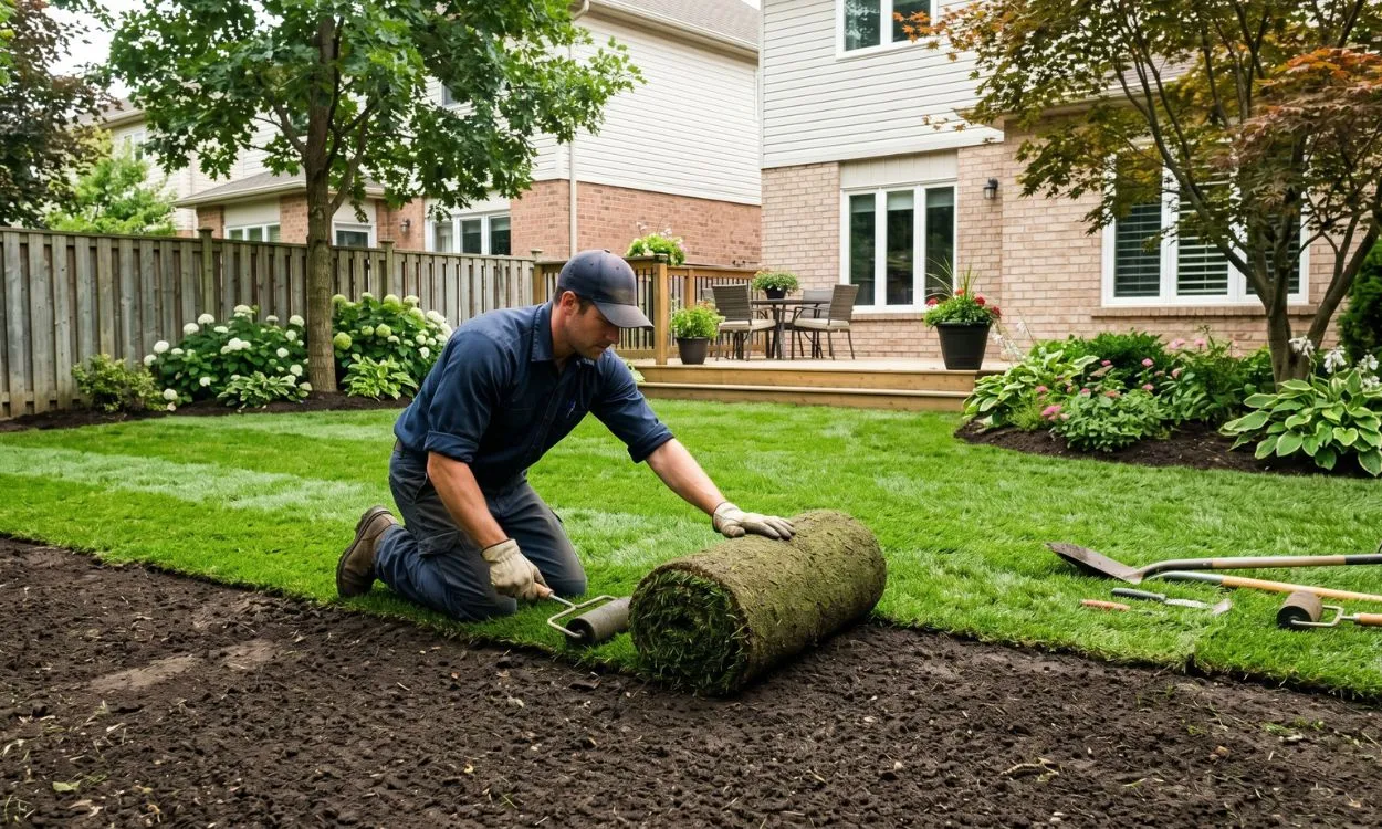 A professional landscaper kneeling to carefully unroll fresh green sod onto prepared dark soil during a residential backyard lawn replacement in Hamilton.